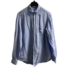 Lacoste Shirt Blue 100% Linen Button Down Long Sleeve Logo Mens 44 Preppy Casual